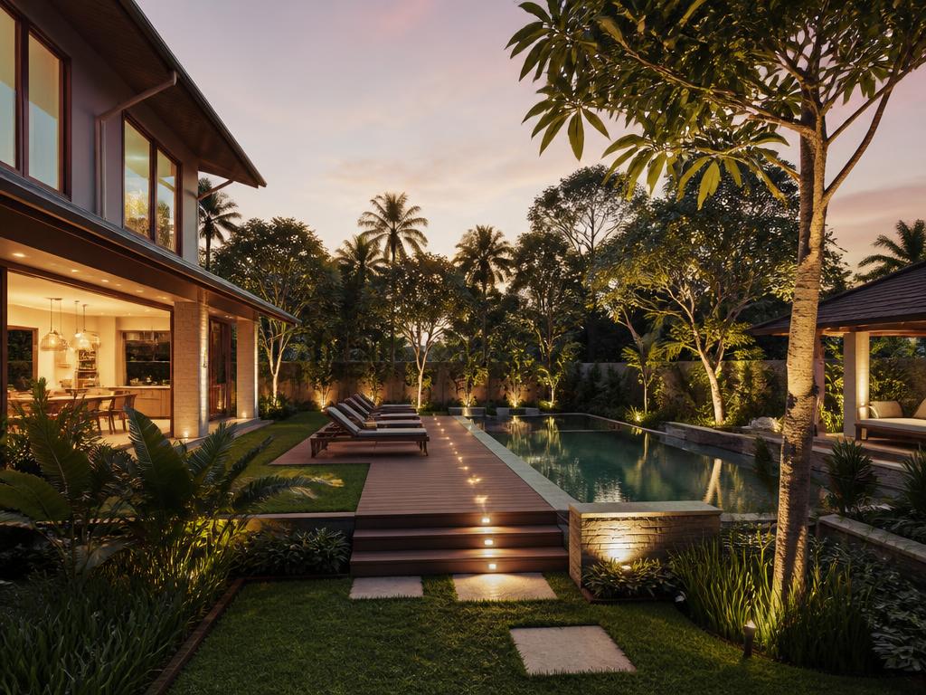 Render de paisagismo — Jardins, deck e iluminação cênica