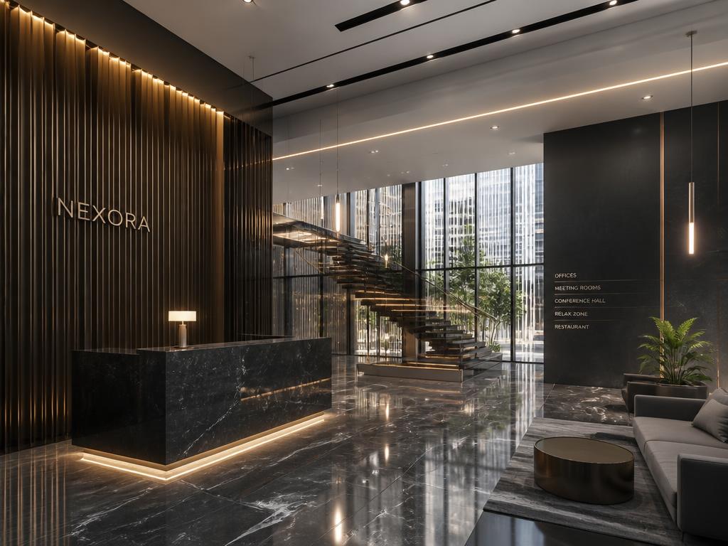 Render de corporativo — Lobbies e espaços comerciais