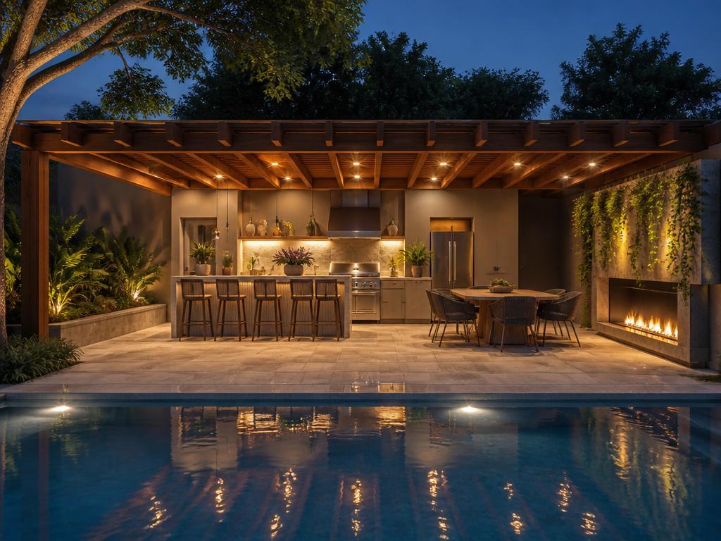 Render de áreas gourmet — Áreas externas, piscina e pergolado
